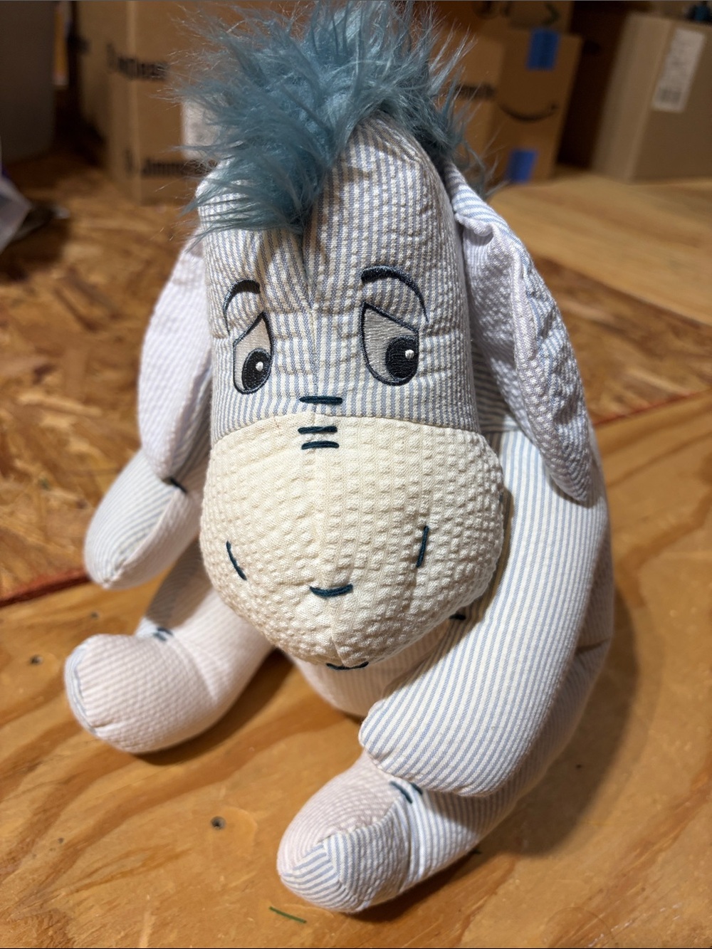 Vintage Disney Store Eeyore Plush in Light Blue and Cream Seersucker Fabric